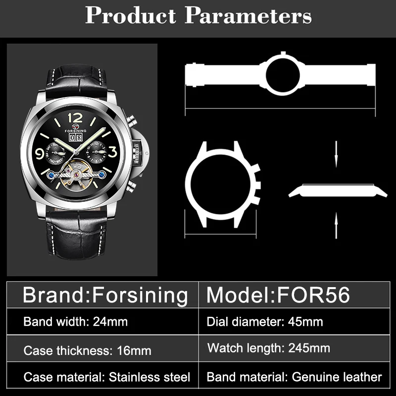 High Quality FORSINING Men Automatic Mechanical Watch Leather Strap Week Date Display Luminous Hands Wristwatches | Наручные часы
