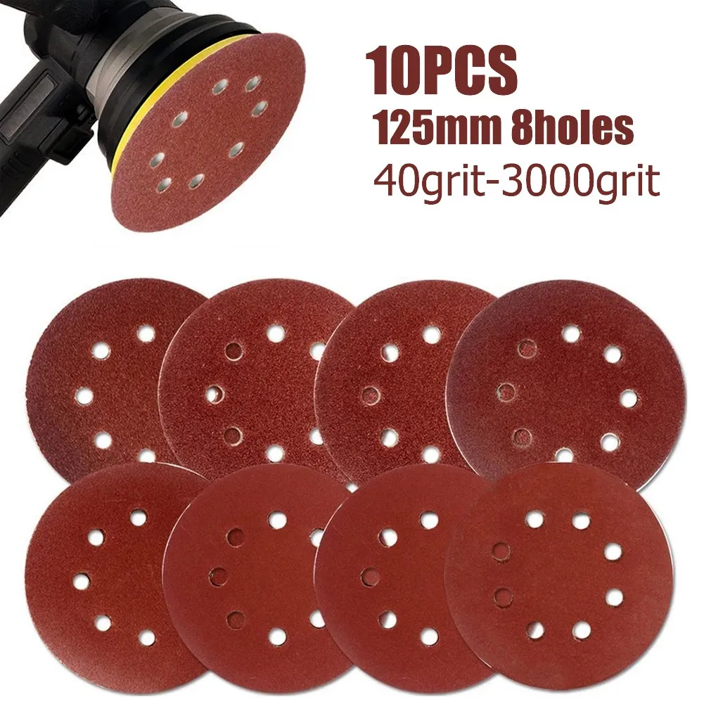 

10Pcs 5inch 125mm Sandpaper 8 Holes Hook Loop Sanding Disc 40-3000 Grit Sand Paper Polishing Pad For Wood Metal Glass Leather