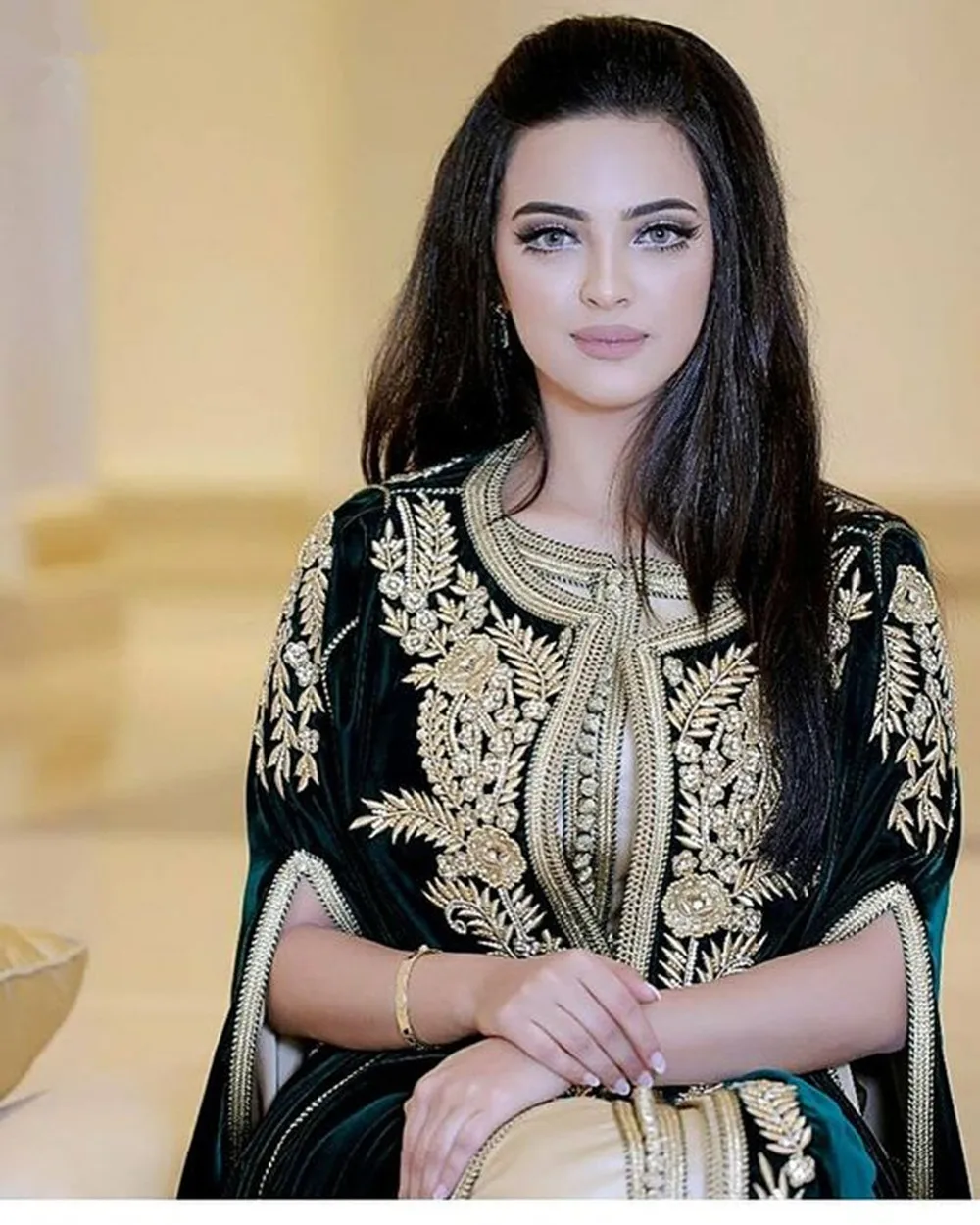 Темно-зеленые марокканские Caftans вечерние платья с вышивкой Аппликации
