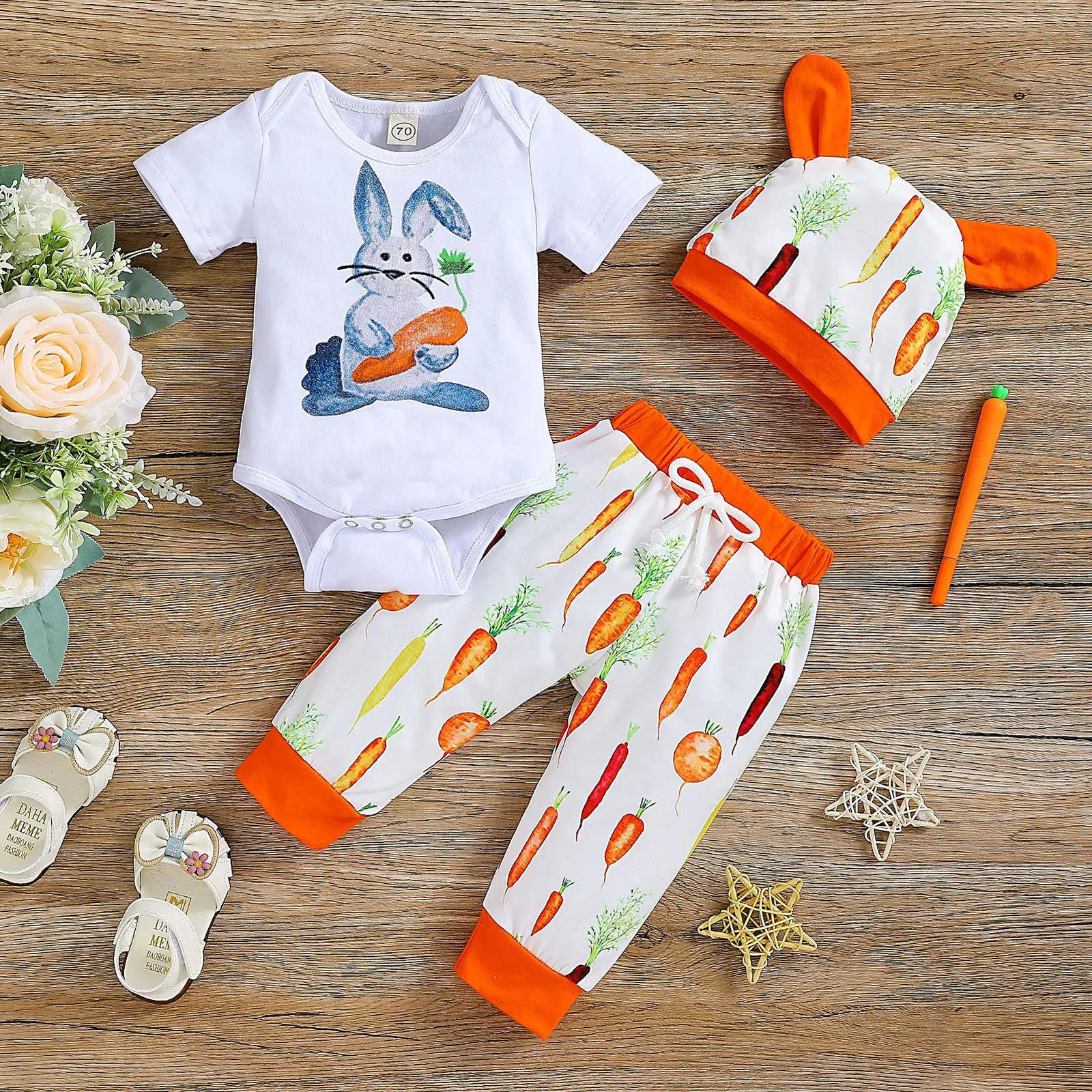 

Infant Baby's Set Boy Girl Cartoon Rabbit Carrot Print Romper Short Sleeve Round Neck Tops Pants Outfits Set jongens kleding E1