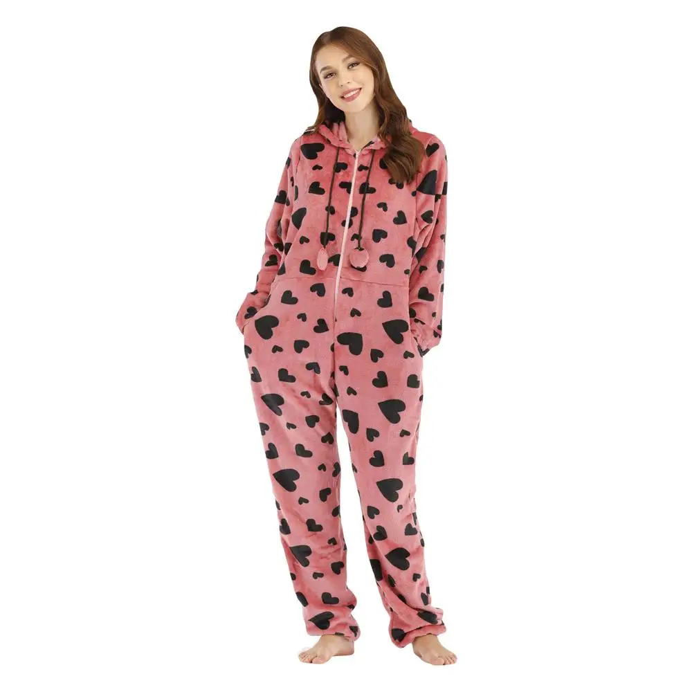 Rose Red Women Onesies Pajama Casual Flannel Autumn Winter Jumpsuits Streetwear Black Love Print Pyjamas Loose Homewear Female