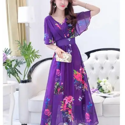 Bohemia Dress Beach 2020 Summer Women Chiffon Dresses Maxi V-Neck Slim Ladies Print Long Plus Size RQ454 | Женская одежда