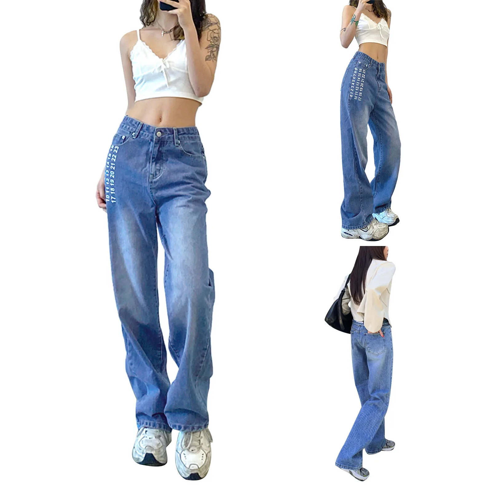 

New Arrival Stylish Women Fashion High Waist Number Print Jeans Ladies Stylish Pants for Shopping Daily Wear