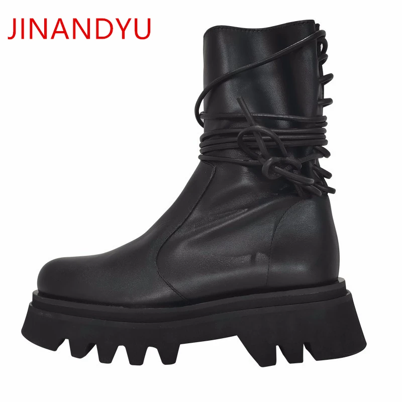 

Leather Boots Platform Shoes for Women Autumn Side Zip Platform Boots Black British Style Leather Boot Thick Heel Ankle Boots
