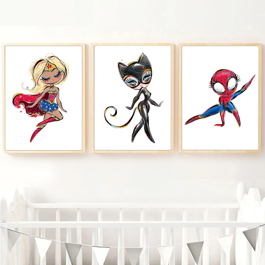 Мультяшный супергерой кот леди плакаты и принты настенная Картина на холсте