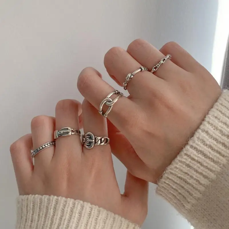 

S925 Sterling Silver Rings for Women Prevalent Retro Geometric Adjustable Ring Jewelry Accessories Wholesale