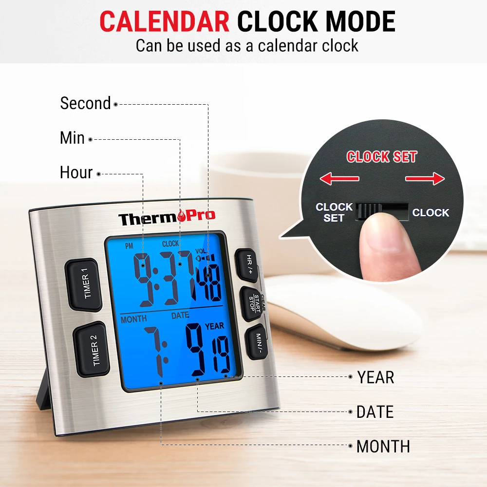 ThermoPro TM02 Digital Kitchen Timer Large Dispaly Backlight Dual Cooking Countdown/upTimer Student Household With Date & Clock |