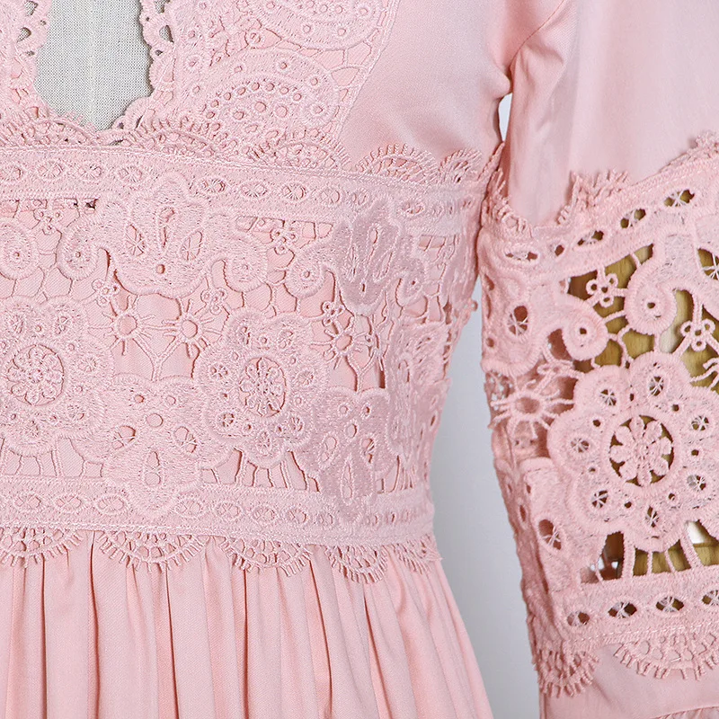 

cotton Big brand spring and linen lace hollow retro elegant long dress 2021New women's wear ruffled fashion party pleated skirt