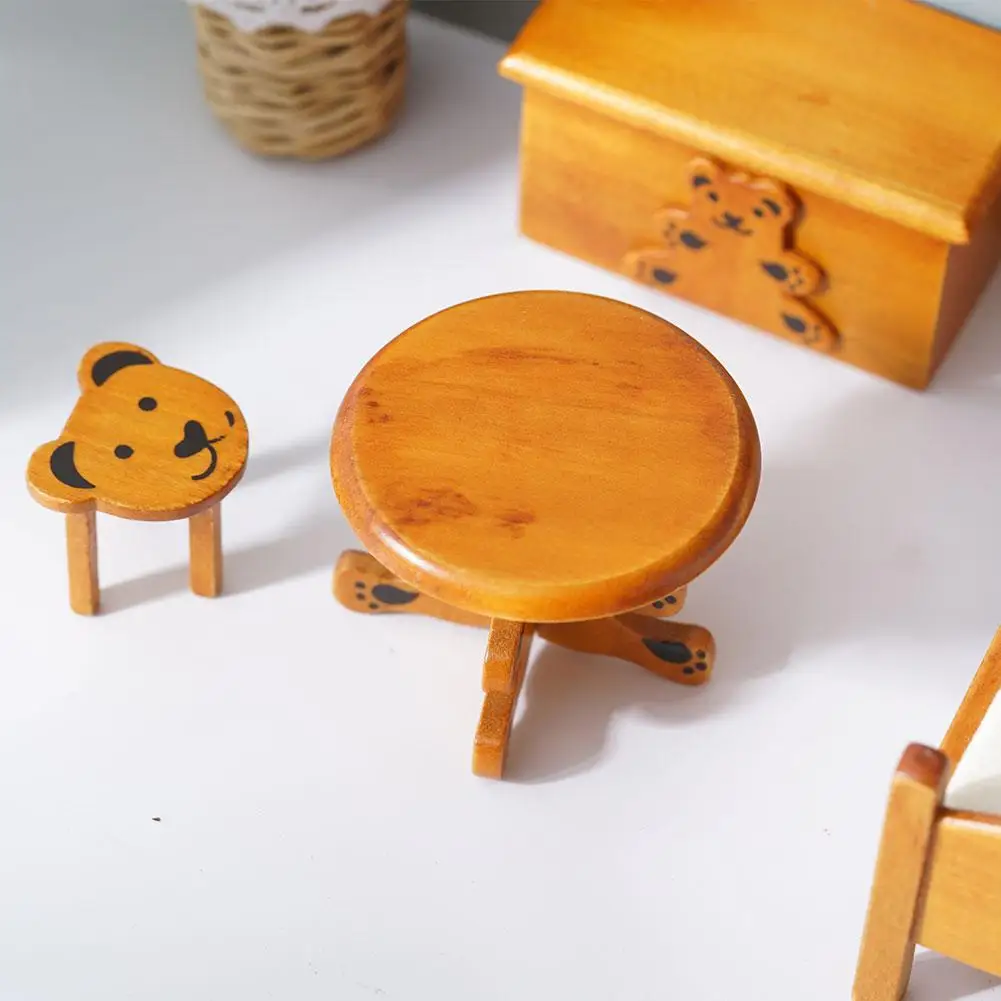 

1Set 1/12 Scale Dollhouse Miniature Bedroom Sets Bear Mini house Bed with Mattress, Nightstand Doll accessories Table Stool J6G4