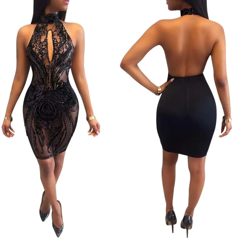 Новинка сексуальное женское платье с блестками и лямкой на шее кружевные
