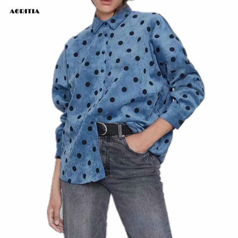 Женская Вельветовая блузка в горошек с длинным рукавом и отложным воротником