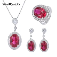 shipei luxury 925 sterling silver oval cut ruby created moissanite gemstone ringsearringspendantnecklace wedding jewelry sets