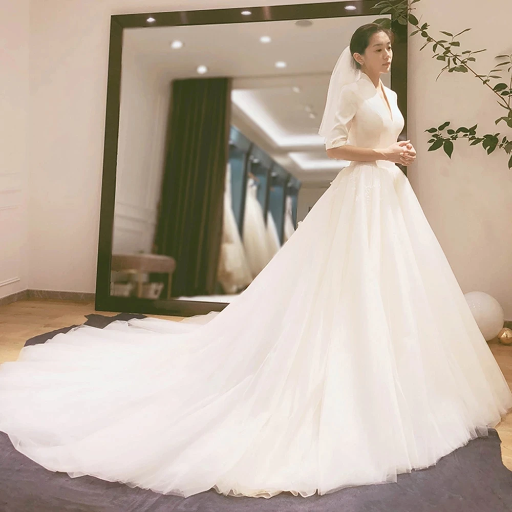 

2021 Simple White Satin Wedding Dress Engagement Vestido De Novia Luxury Romantic Lace Princess Bridal Dress Evening Ball Gowns