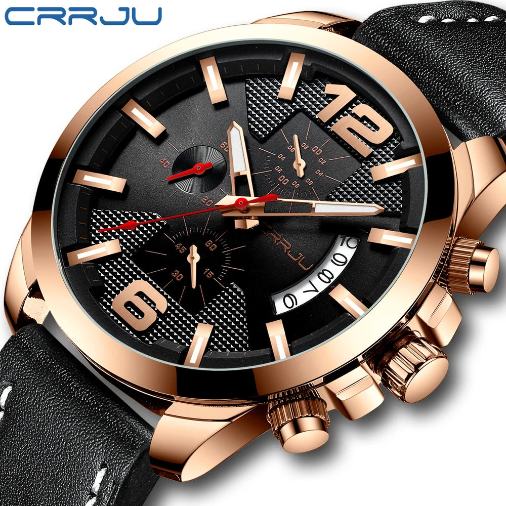 

CRRJU Men Watch Classic Business Chronograph Genuine Leather Strap Wristwatch Fashion Waterproof Sport Black Calendar Clock