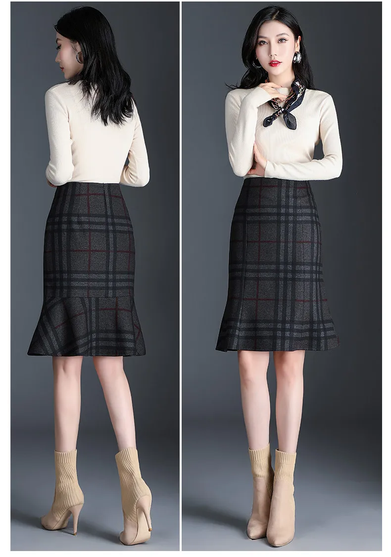 New Fall Winter Knit Skirt Women Gray Lattice High Waist Ruffle Mermaid Skirt S-3XL Plus Size Pencil Skirt Female