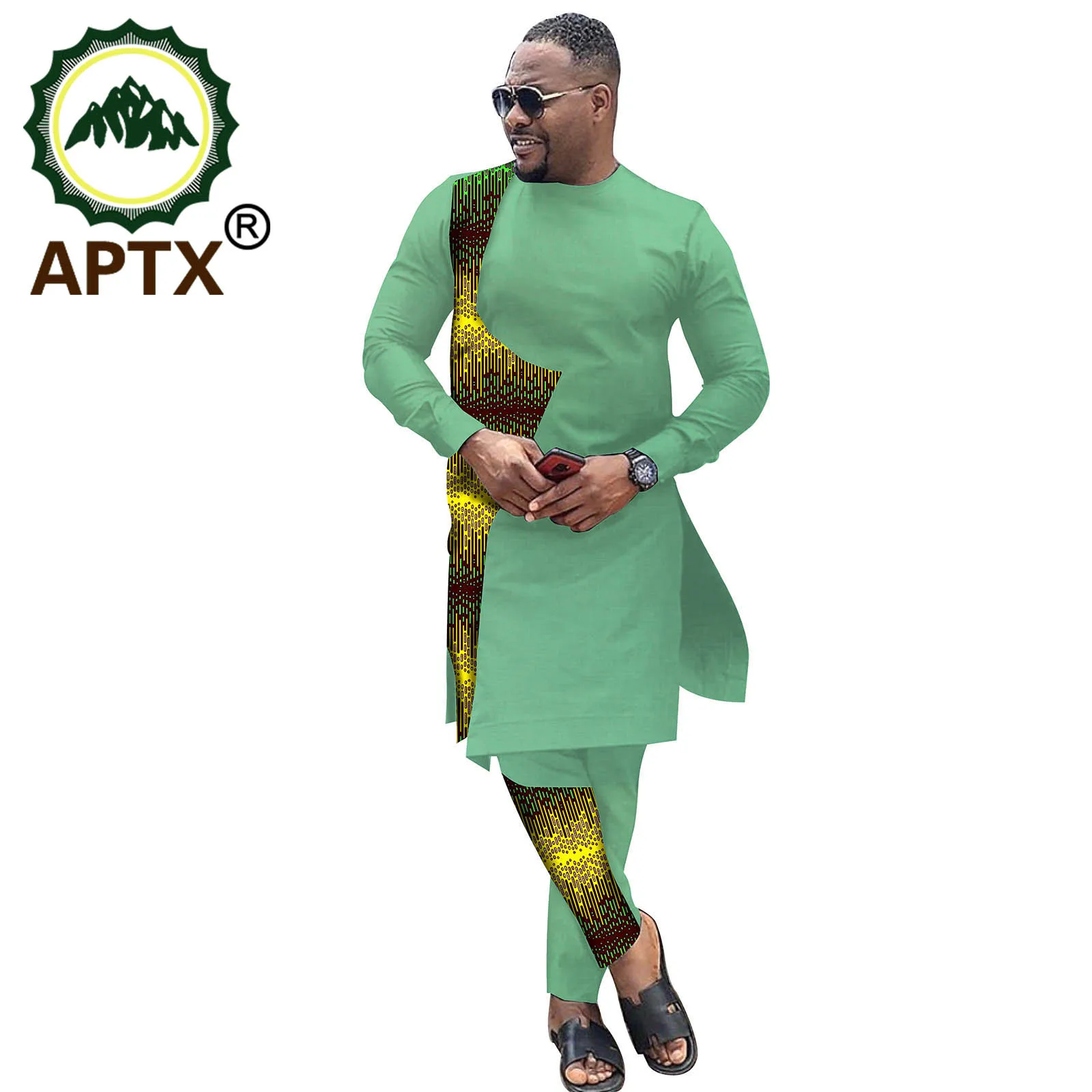 African Clothes For Men Dashiki Ankara Bicolor Robe Wax Personality Crew Neck Colorful Long Sleeve Male Contracted Set Suit