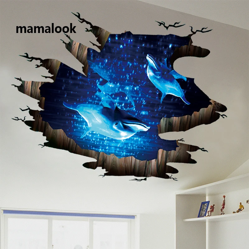 

3D Dark blue dream dolphin Floor sticker bathroom living room floor decoration mural Wall Stickers home decor decals wallpaper
