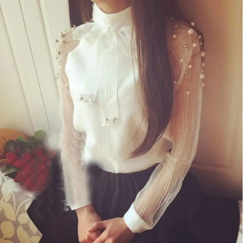 

Women Chiffon Blouse Shirt Sexy 2020 Summer Transparent Mesh Beading Sleeve Female office Shirts Lady Blusa