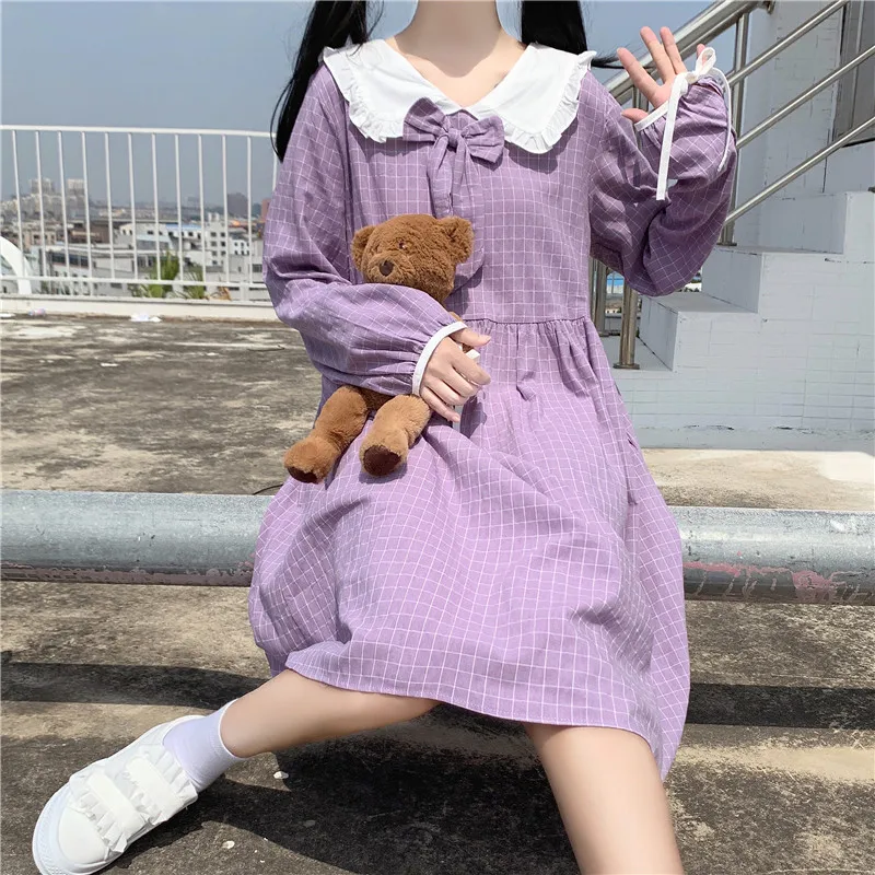 

Japanese Cute Girl Lolita Dress Kawaii Sweet Peter Pan Collar Cute Plaid Soft Girly Dress Female Lace Up Bow Sweety Lolita Dress