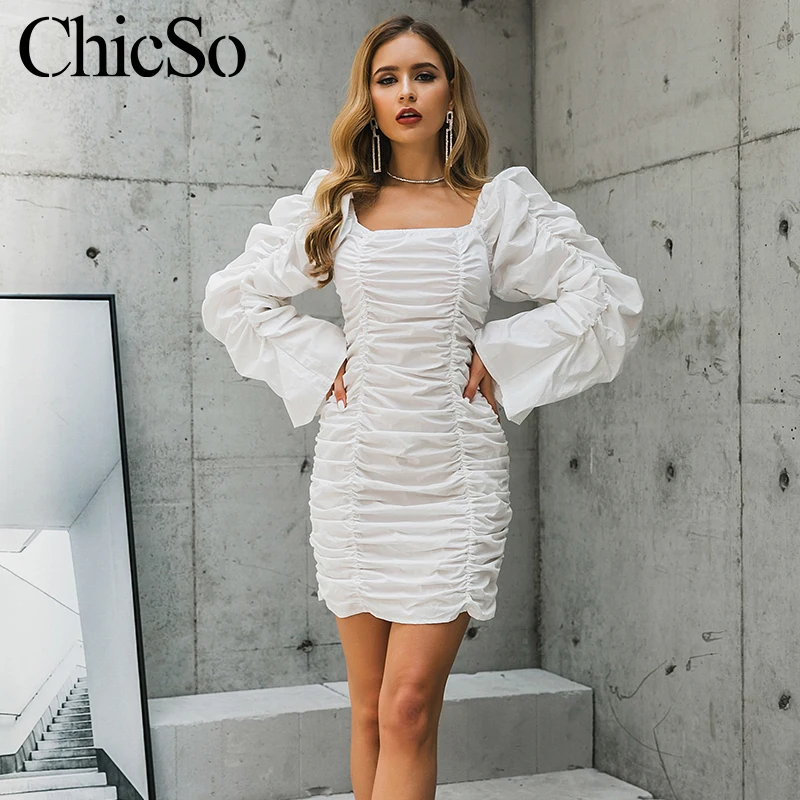 MissyChilli/плиссированное белое платье с длинным рукавом женская уличная одежда