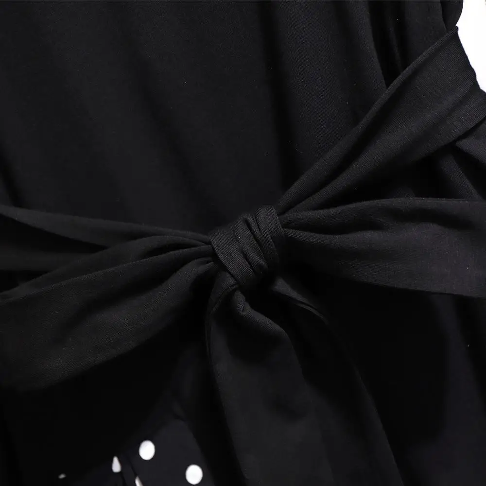2XL-6XL женское осеннее платье большого размера Повседневное платье в горошек с длинными рукавами Черное лоскутное 5XL Большие размеры; для офиса женские платья