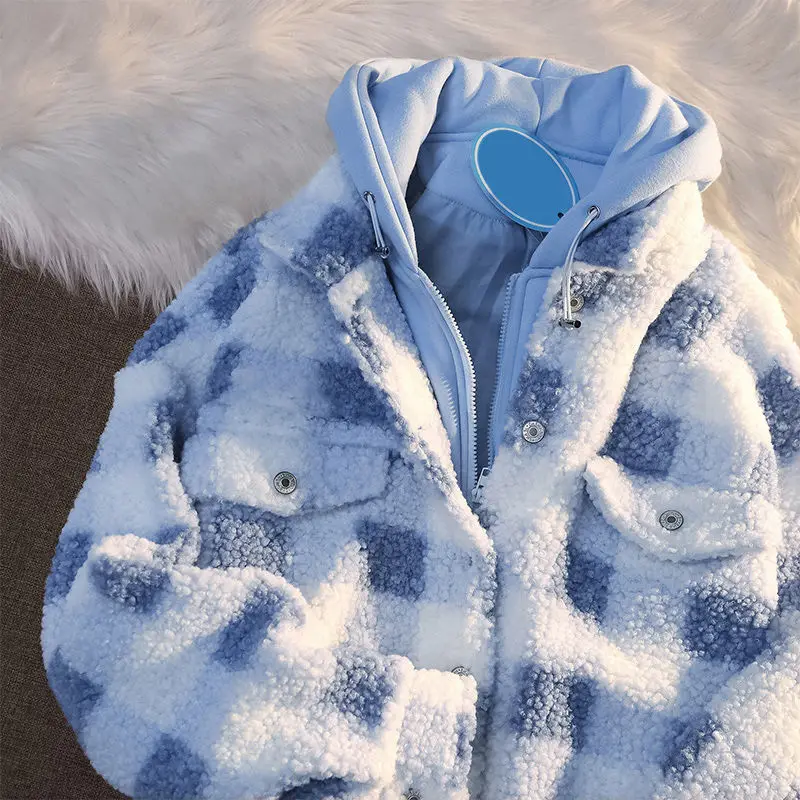 

Autumn and Winter New Fake Two-piece Checkerboard Plaid Lamb Wool Jacket Women Plus Velvet Padded Jacket Oversized Coat Women