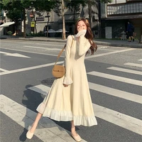 womens bottoming knitted dress french style slimming long dress single breasted ruffle stitching flared sleeve dress for winter