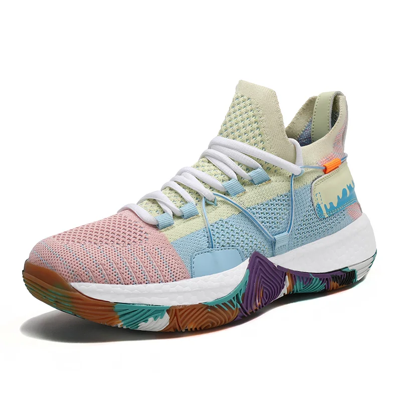 

2021 Fashion Rainbow High Quality Basketball Shoes Men Breathable High top Women Sneakers Basketball Professional Sports Shoes