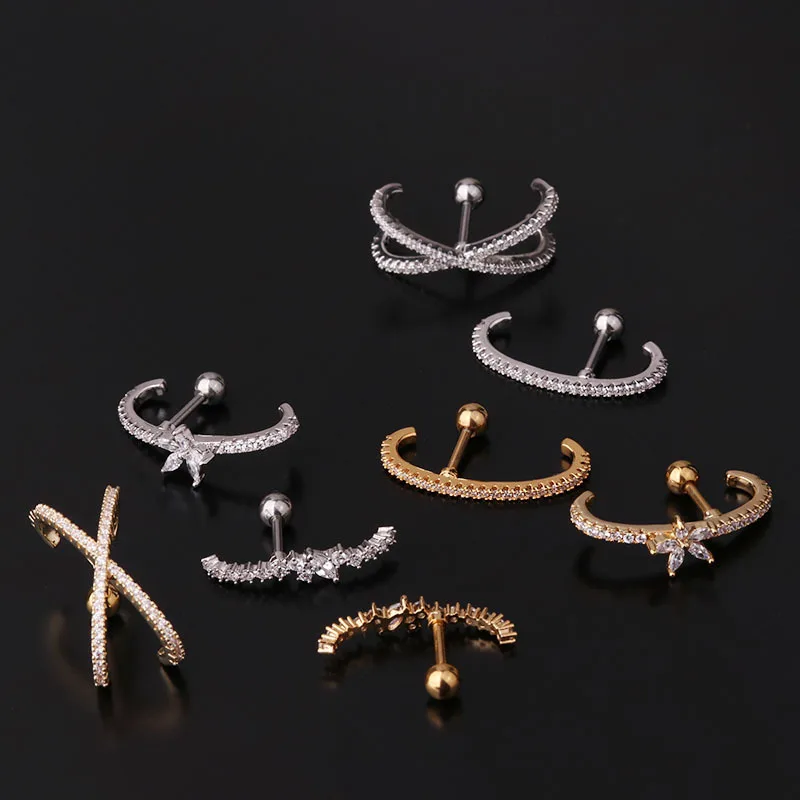 

1PC 16G Gold Silver Flower Long Bar Lobe Cuff Cartilage CZ Earring Large Lobe Piercing Second Piercing Earring Studs
