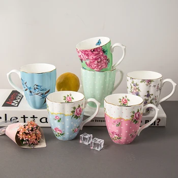 Europe Bone china Mugs Large Capacity 420ml Creative Pastoral Flower Tea Cup Office Milk Coffee Mug Ceramic Home Drinkware