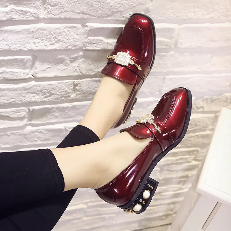 Pearls Small leather shoes woman glitter crystal square toe flats loafers designer studs thick heels oxfords slip on derby | Обувь
