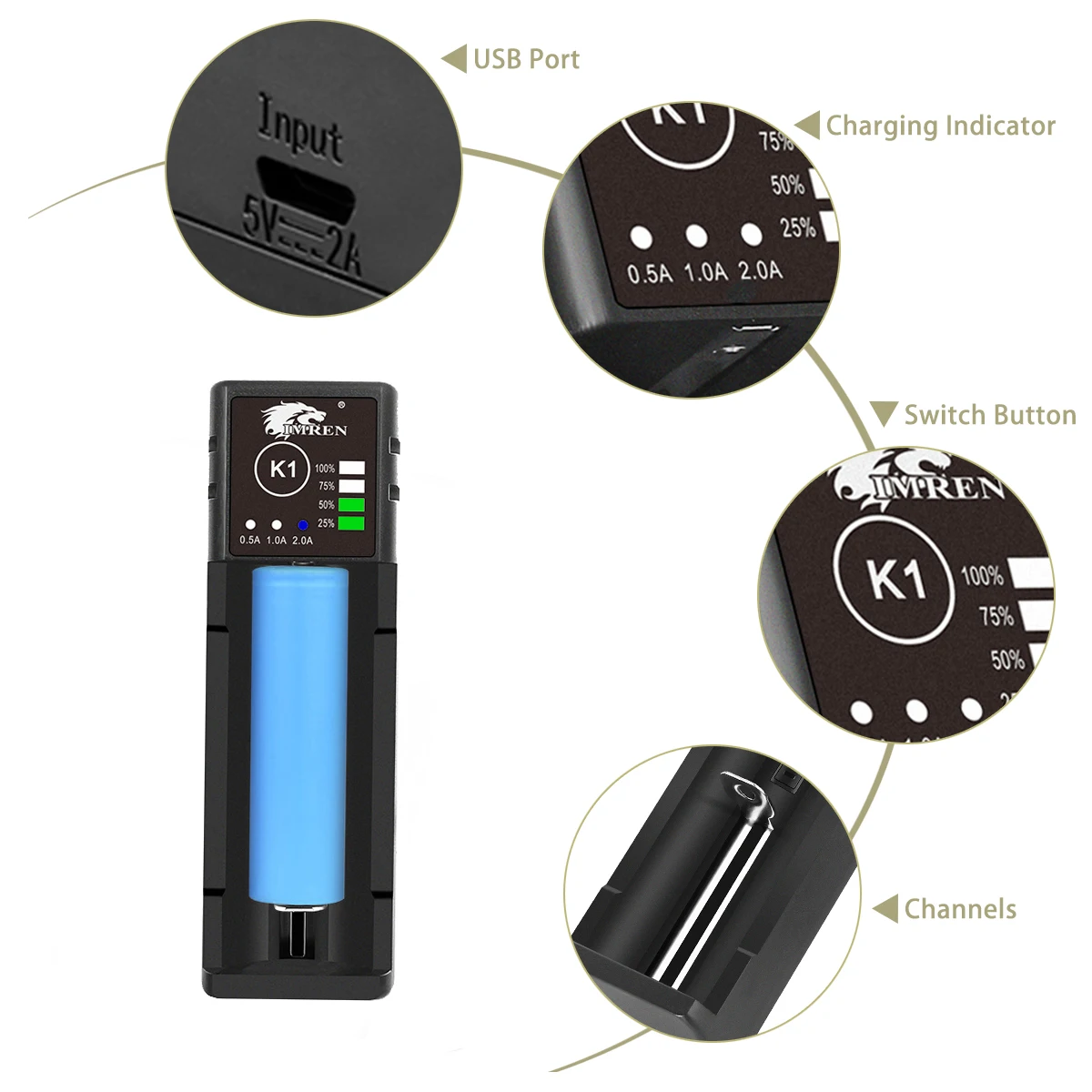 Перезаряжаемые аккумуляторы IMREN K1 5 В 2 А зарядное устройство USB 14500 16650 17650 18650 26650