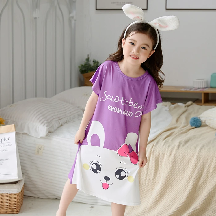 

Retail 2-12 years Short-sleeves Children's Cute Home Wear Nightdress Girl Kids Pajamas Summer Cartoon Print Teens Soft Nightgown