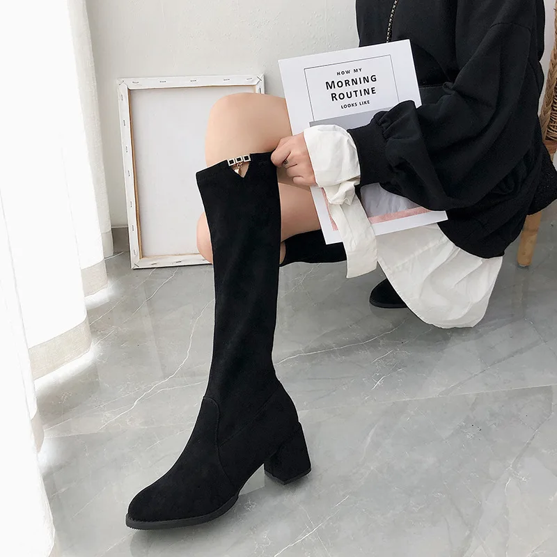 2019 Autumn Winter Suede Leather Black Martin Boots Women'S Shoes Plus Velve Warm Solid High Heel Snow Women Cotton | Обувь