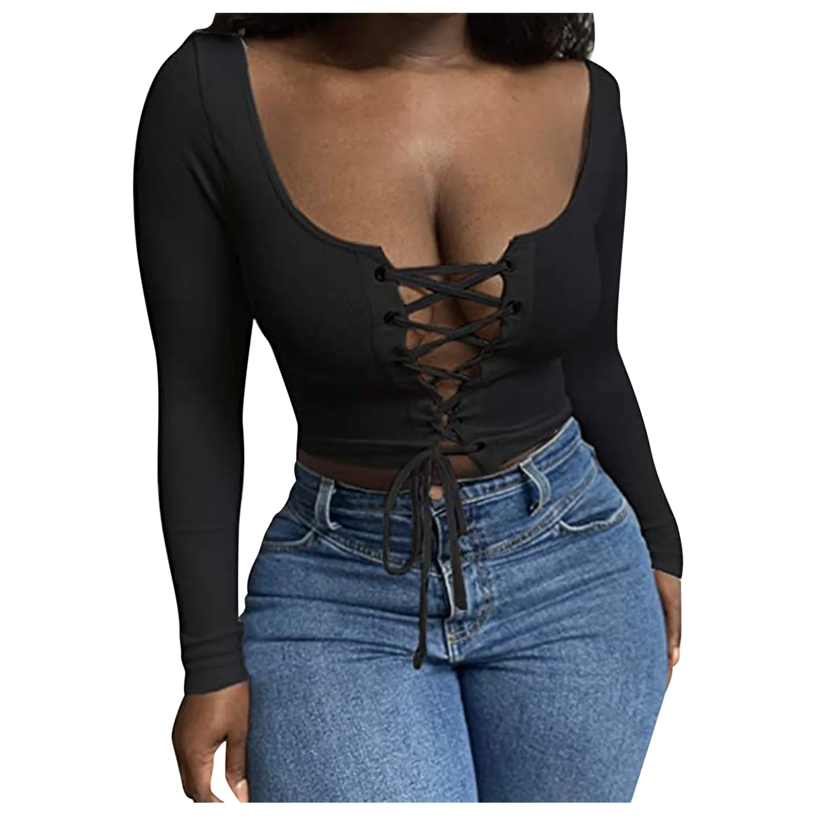 

Women's Fashion Sexy Hollow Solid T-shirt Long Sleeve Top Low-cut Short Cropped Slim Tops Shirts For Ladies Casual Colthing 1202