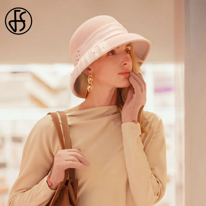 Женская винтажная шляпка Колокол FS шерстяная котелок с широкими полями черного