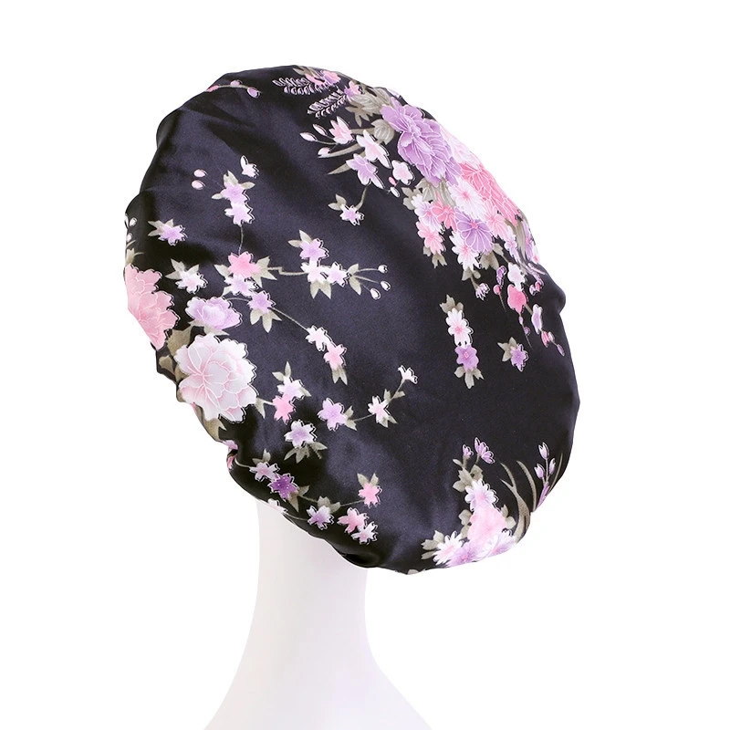 

Satin Bonnets for Women Black Wide Elastic Band Floral Print Silky Headwrap Ladies Hair Cover Hat Night Sleeping Cap