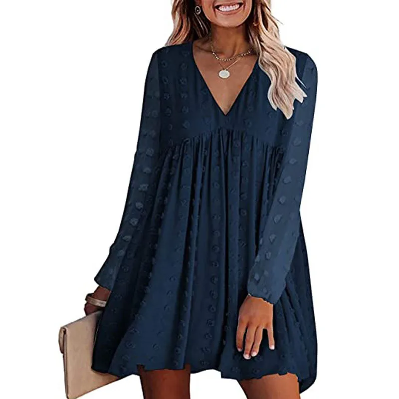

Women Polka Dot Mini Dresses 2022 Retro Elegant Autumn Spring Party Beach Dress Short V-Neck Long Sleeve Sundress femme Vestidos