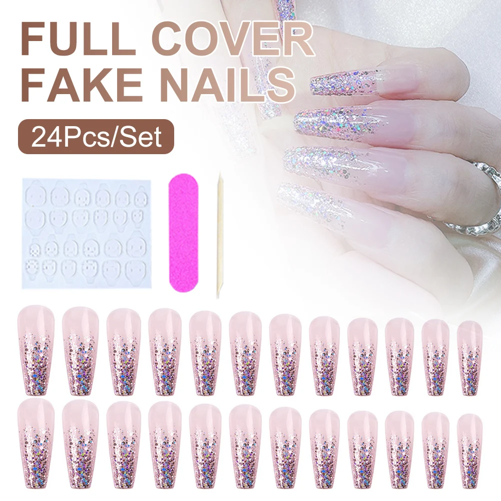 

24Pcs/Set Full Cover Fake Nails Ballerina Press On False Nail Tips Long Coffin Nails for Nail Art Decoration Nail Decals