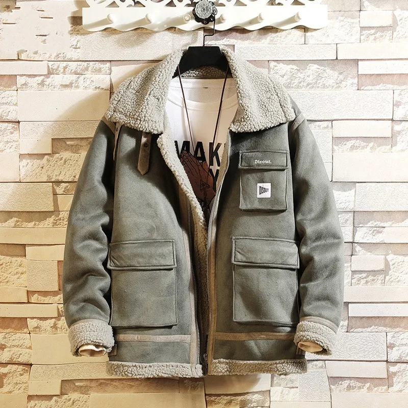 

Winter Fleece Jacket Men Large Size M-5XL Cargo Jackets Male Turndown Collar Loose Fit Street Casual Outerwear Thicken Warm Coat