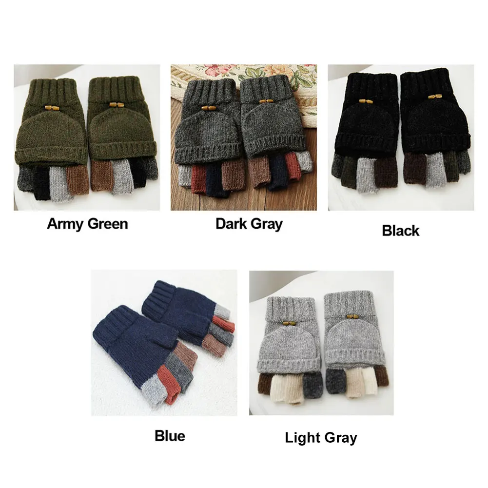 

Mittens Half Finger With Flip Top Men Gloves Thickened Winter Stitching Color Cycling Knitted Hiking Warm Outdoor Sports Gift