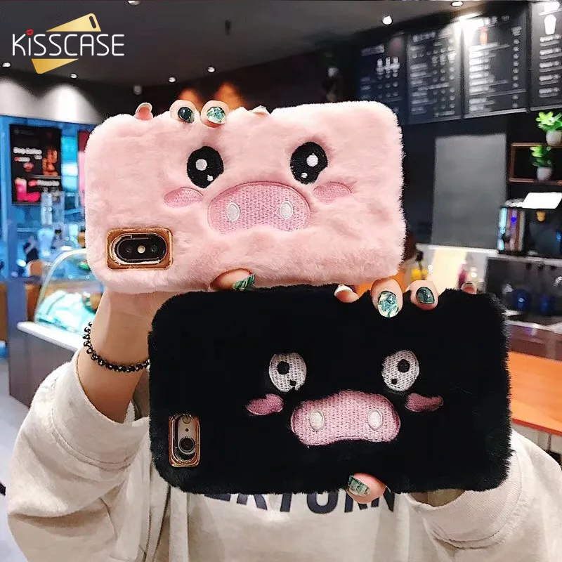 KISSCASE вышивка мультфильм свинья плюшевый теплый меховой чехол для телефона iPhone XS