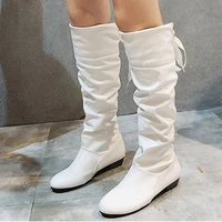 woman knee high boots red black white tall boots woman pleated low heel casual leather autunm winter female long shoe women