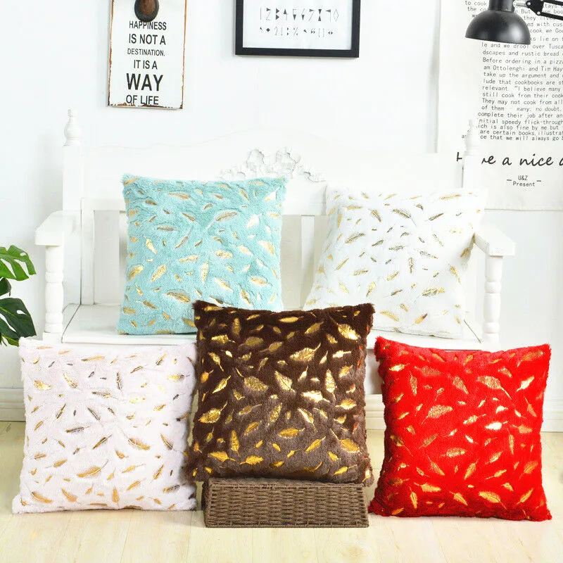 

18" Gold Leaf Christmas Cushion Cover Faux Fur Plush Pillow Case Wedding Home Decor 8 Color