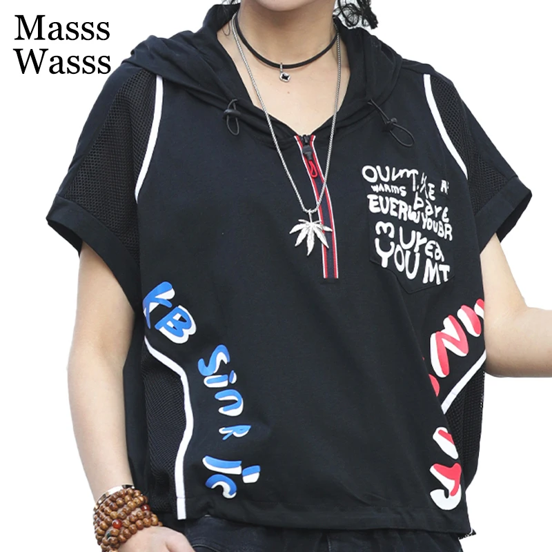 

Masss Wasss Korean Fashion New Summer Tops Womens Vintage Printed Hooded Tshirts Ladies Casual Loose Tee Shirts Punk Streetwear