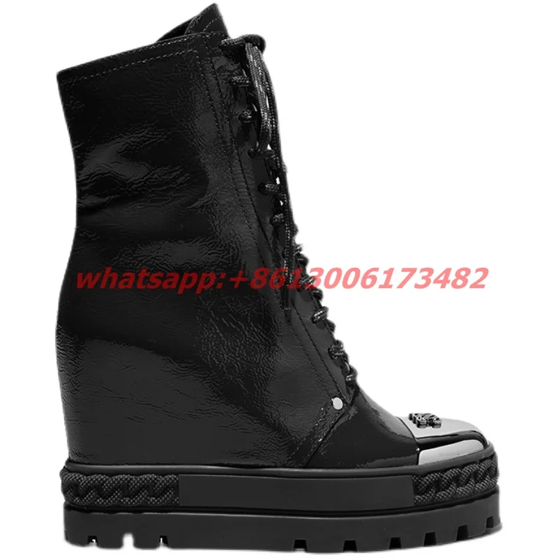 

Женские ботильоны из лакированной кожи, черные ботильоны на высокой танкетке, на платформе, со шнуровкой и молнией