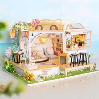 diy hut leisure cat coffee back garden handmade small doll house with light toys for children birthday gift