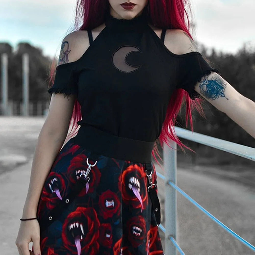 Off Shoulder Black Halter T-shirts Women Tops Gothic Punk Moon Hollow Out Bodycon Female Backless Cotton Sexy Tee | Женская одежда