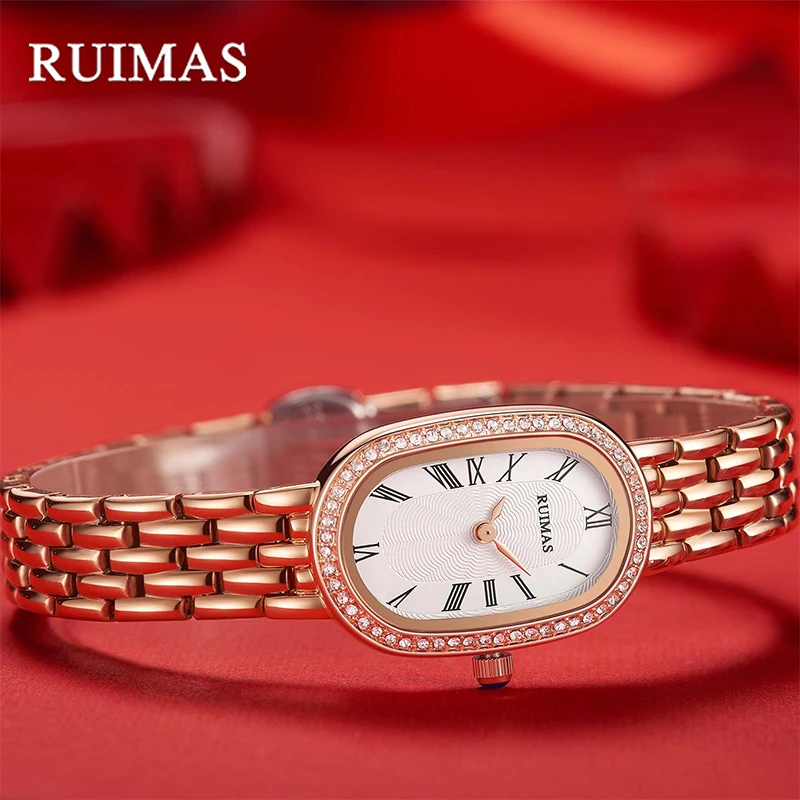 

558G RUIMAS classic wine barrel watch female British style quartz all steel watch rhinestone female watch business watch 558G