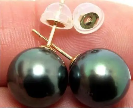

>>>>noble jewelry 14k solid yellow gold charming pair of 10-11mm tahitian black green pearl earring